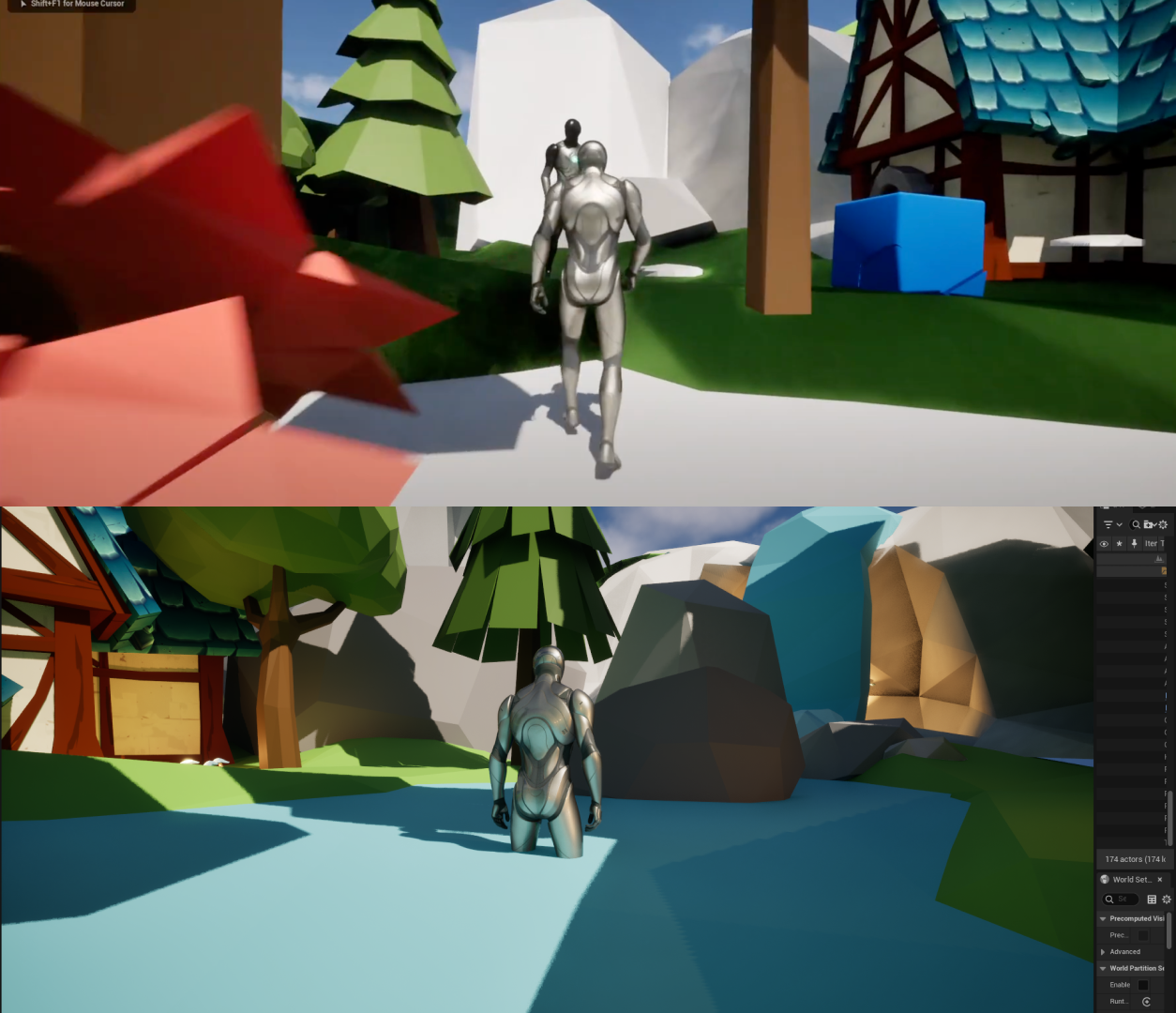 
      <b>Observation:</b> The player needed to fall into the water rather than standing on top of it.<br><br>
      <b>Research:</b> <a href='https://www.reddit.com/r/unrealengine/comments/zdif0m/so_guys_iam_new_to_unreal_engine_and_i_dont_why/' target='_blank'>Reddit</a> A reddit post helped explain how this can be done with a mesh in Unreal after it has been imported.<br><br>      
      <b>Action:</b> Water >  Collision > Set to no Collision<br><br>
      <b>Reflection:</b> There was multiple tutorials explaining how this can be created but some were more complicated. The post on reddit was much easier than the others and was more related since I was using a premade static mesh that was created in blender.